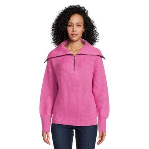 Women’s Sweater with Extended Collar, Zipped Pullover, Pink Sizes XS-3XL